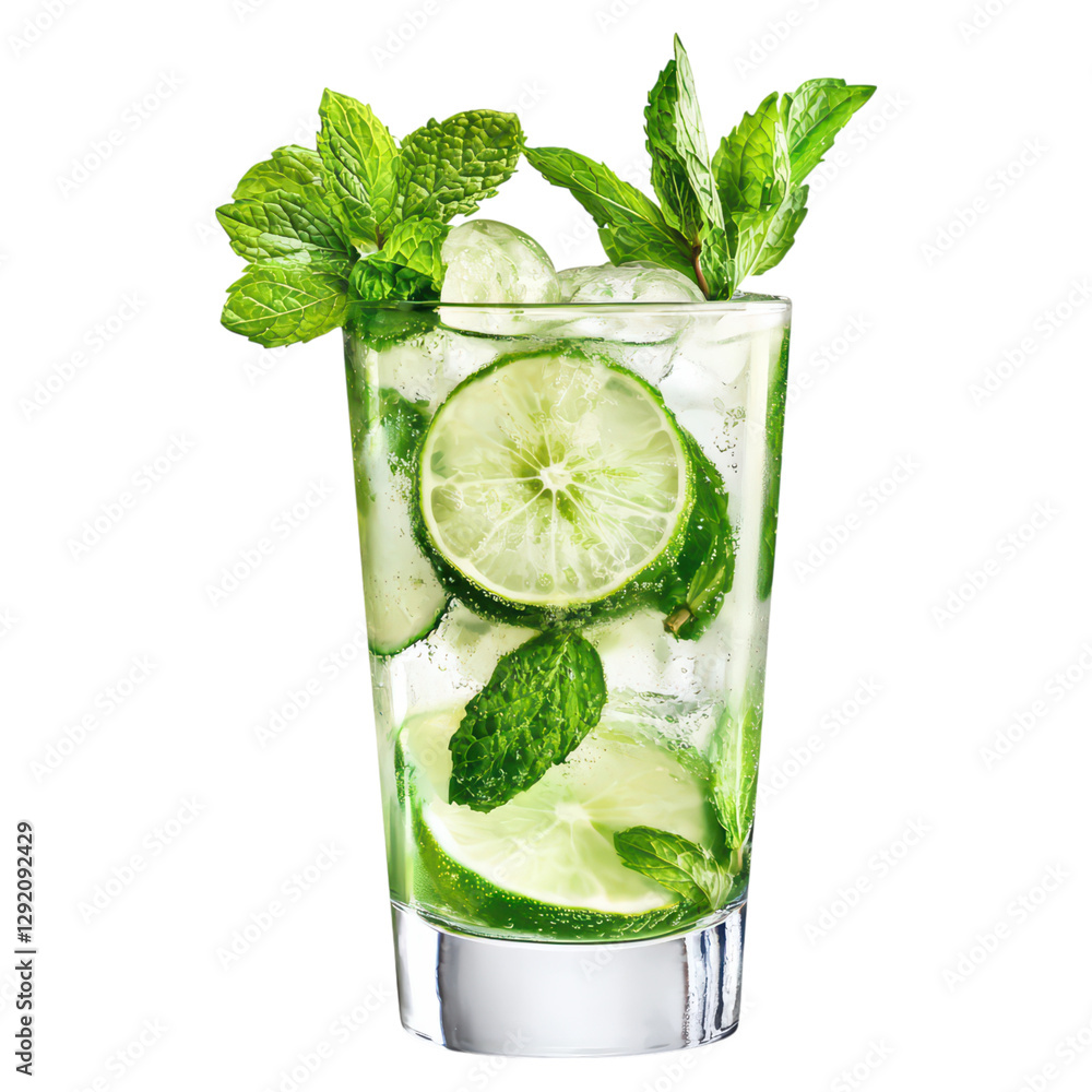 Poster refreshing mint mojito with lime and ice , isolated on a transparency background
