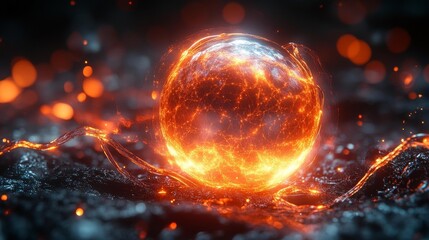 Glowing Chrome Sphere Surrounded by Liquid Metal Tendrils in a Dynamic Motion. Generative AI