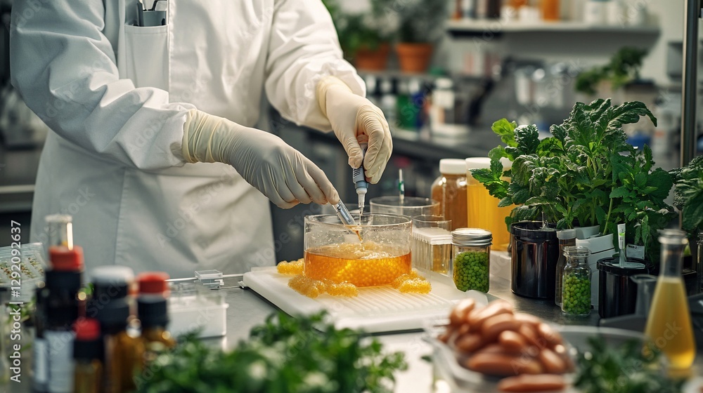 Poster scientist extracting honeycomb sample for food analysis