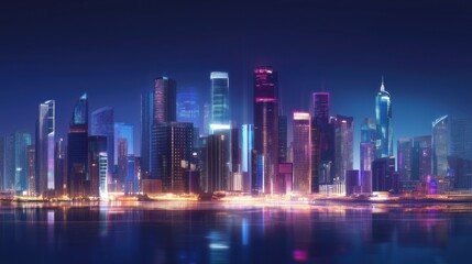 Fototapeta premium Vibrant city skyline lights up the night with reflections on the water in an urban setting