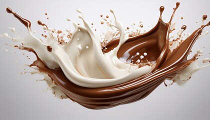 Fototapeta premium milk and chocolate liquid splashing in the middle isolated on white background realistic in 3d illustration food concepts