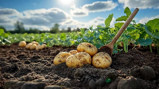 Freshly harvested potatoes on a farm field