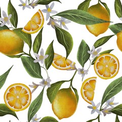 Summer juicy seamless pattern with citrus fruits, leaves and flowers. Yellow lemons on a white background