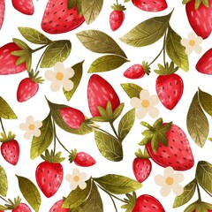 Summer seamless background with red berries, leaves and flowers. Juicy strawberry pattern on a white background