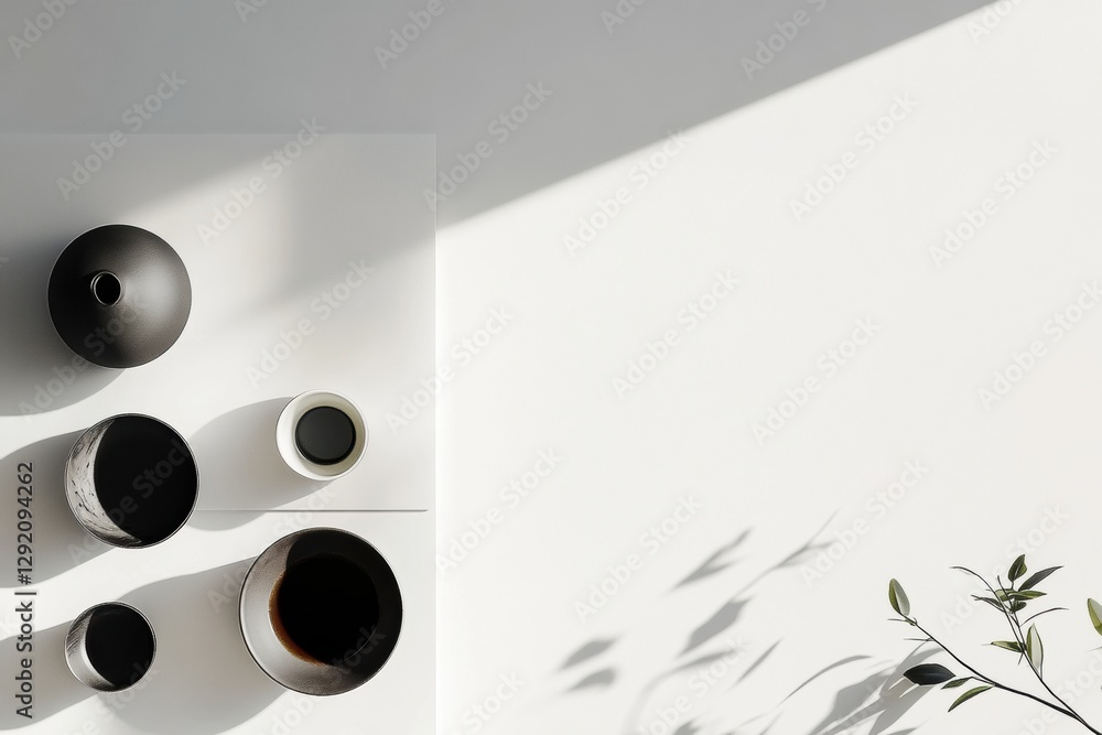 Poster Decorative pottery arranged on a wall casting shadow on a white surface in a bright indoor setting. Generative AI