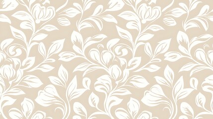 White floral vines seamless beige backdrop. Textile or wallpaper use