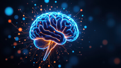 Obraz premium A futuristic digital illustration depicting artificial general intelligence, with a glowing human brain at its core, symbolizing advanced cognitive capabilities and technology.