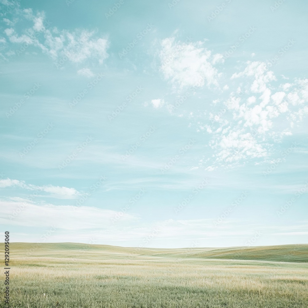 Poster expansive grassy landscape under a clear blue sky with wispy clouds at midday in a serene natural se