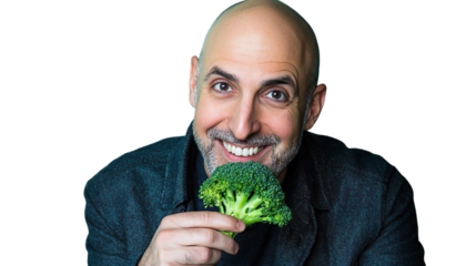 Cheerful Bald Man With Gray Beard Holding Broccoli Transparent Background