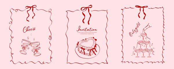 Hand drawn coquette frames. Vintage cute borders with ribbon and bow in simple crayon and sketch style. Trendy art for bachelorette party and wedding invitations. Doodle vector illustration