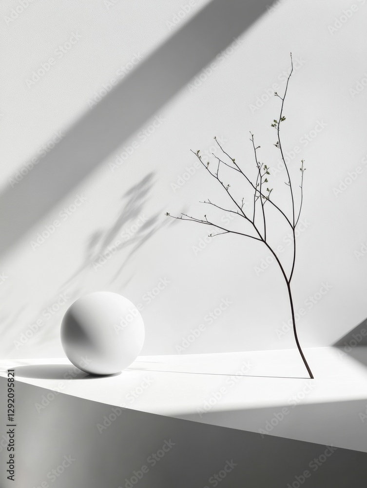 Leinwandbilder Minimalist still life with a white sphere and a delicate branch in an artistic arrangement with shadows. Generative AI