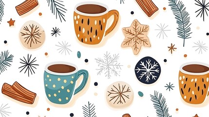 Winter beverages & treats pattern. Holiday themed background for card, invitation, festive wrap