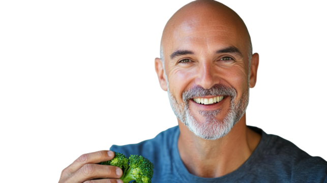 Happy Bald Man With Beard Holding Broccoli Smiling Transparent Background