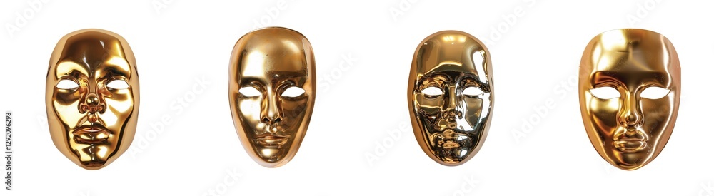 Poster shiny golden masks with smooth and reflective metallic surfaces displayed in line
