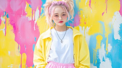 Girl pastel outfit colorful wall urban background