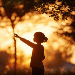 Silhouette of child reaching towards sunlit leaves.