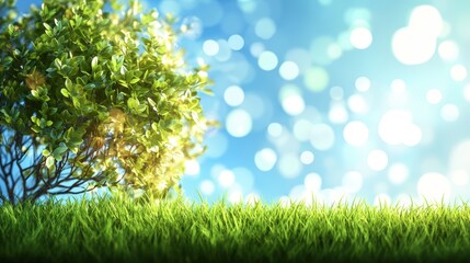 Obraz premium Tree with green leaves surrounded by grass in a natural outdoor setting