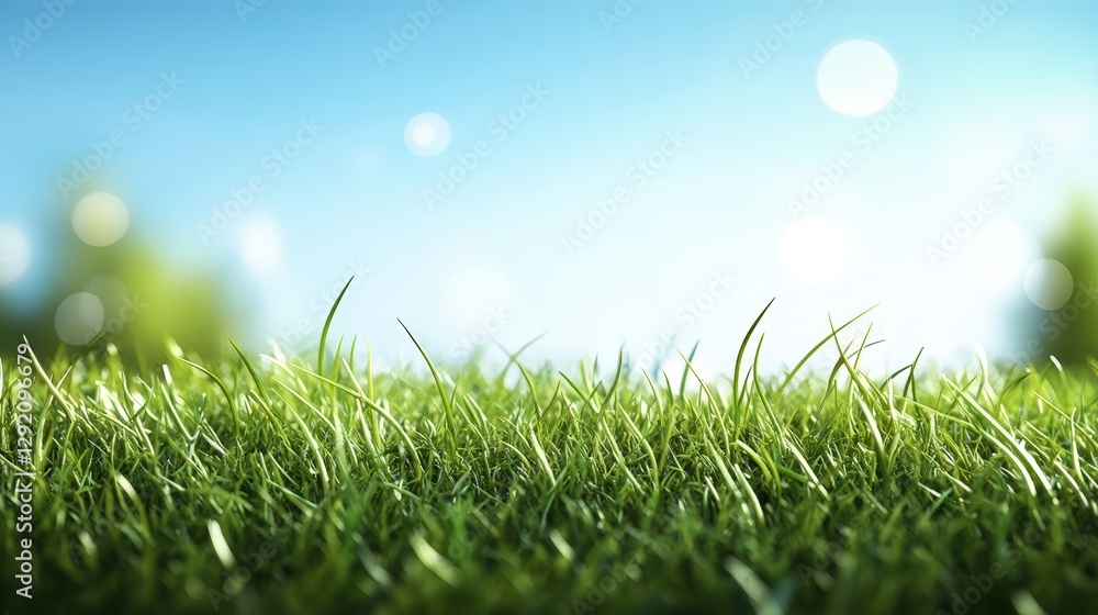 Poster green grass background with bokeh effect and soft focus for photography and design projects