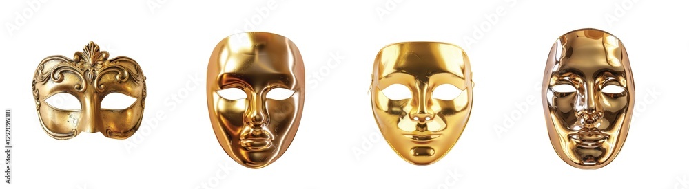 Poster four shiny golden masks displaying unique designs and expressions