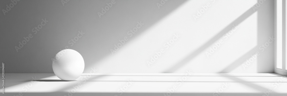 Leinwandbilder White sphere resting on a minimalistic surface in well lit interior space with shadows cast by sunlight. Generative AI