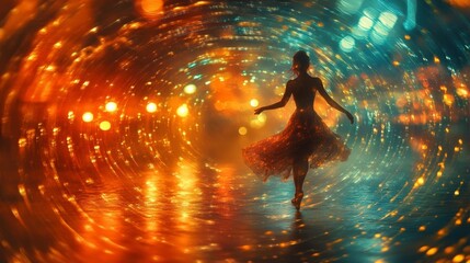 Fototapeta premium Blurry lights and graceful dancer on a glowing dance floor. Generative AI