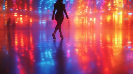 Silhouette of a dancer against colorful lights on a blurred floor with vibrant reflections. Generative AI