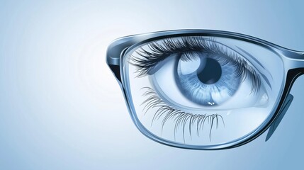 Close-up view of a blue eye wearing fashionable glasses against a light background