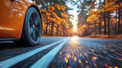 Motion blur of car wheel with a dynamic road view in autumn forest. Generative AI