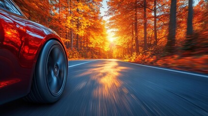 Fototapeta premium Car wheel moving fast through an autumn road with blurred surroundings. Generative AI