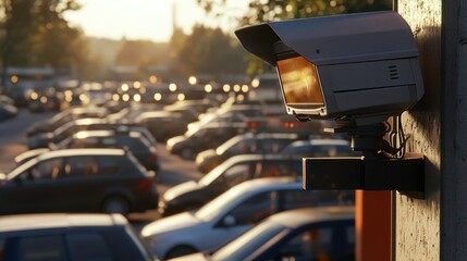 Fototapeta premium Evening Shot of Urban Parking Lot Surveillance Camera