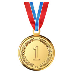 Gold medal with red and blue ribbon for first place achievement , isolated on a transparency background
