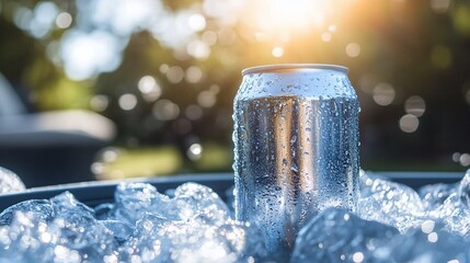 Cold can of beer on ice in a metal cooler against a sunny outdoor backdrop on a warm day