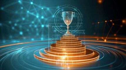 Digital trophy celebration virtual awards ceremony graphic design futuristic environment 3d viewpoint success concept