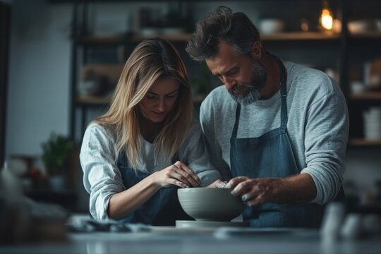 A couple collaborates on creating a pottery bowl, showcasing teamwork and craftsmanship. - Powered by Adobe