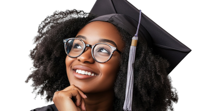 Happy Graduate Woman Glasses Academic Cap Proud Of Her Achievement Success Journey
