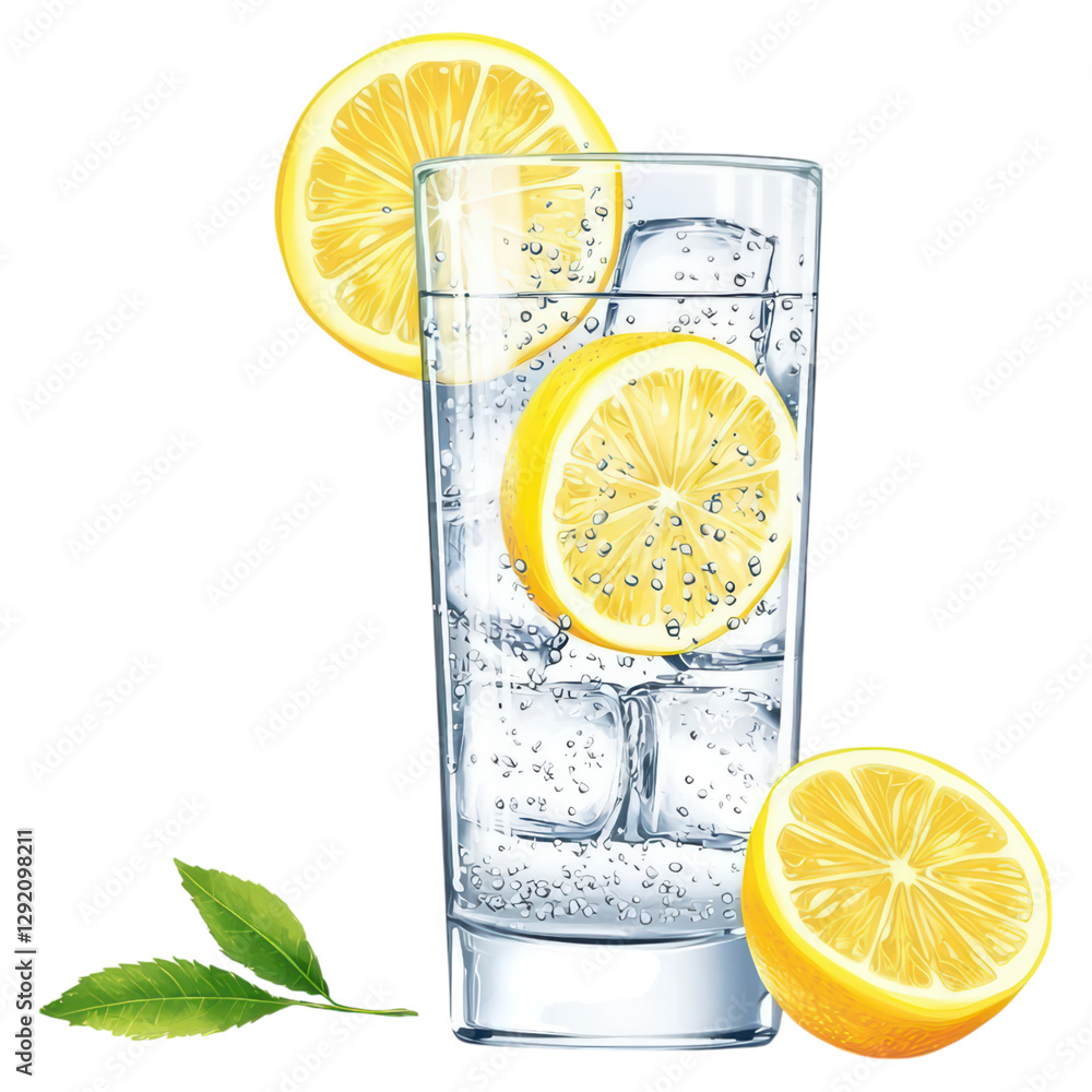Poster refreshing sparkling water with lemon slices and ice , isolated on a transparency background