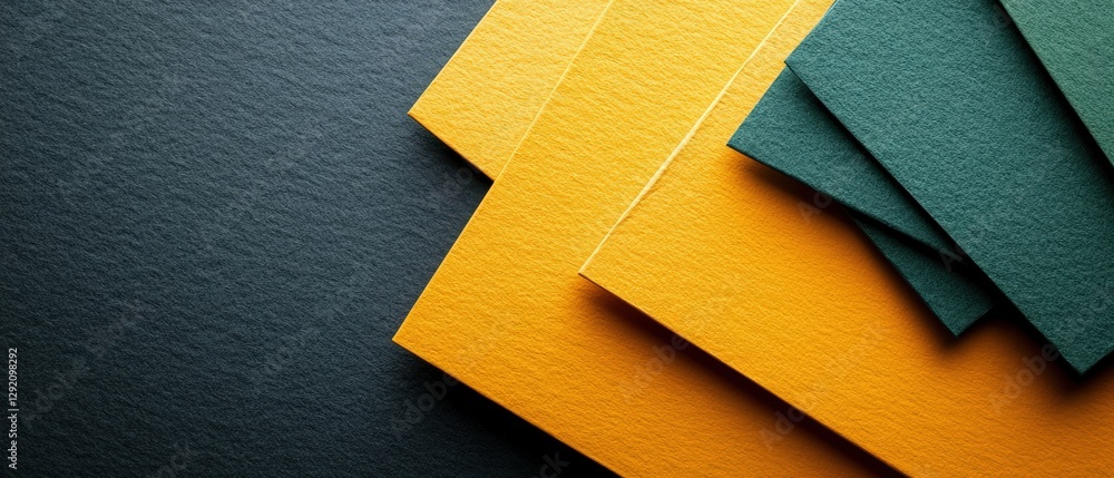 Poster Stack of neatly folded papers resting on a black surface with soft lighting and shadows