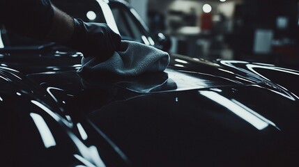 Professional car detailer meticulously wiping a polished black car hood with microfiber cloth, ensuring a spotless finish