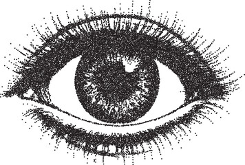 Obraz premium Eye vintage y2k stipple art, stippled halftone stipple brutalist retro vector png with transparent background, dotted 2000s aesthetic photocopy effect tattoo