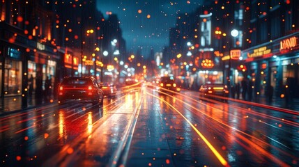 Fototapeta premium Night City Street with Blurred Lights and Reflections on Wet Road. Generative AI