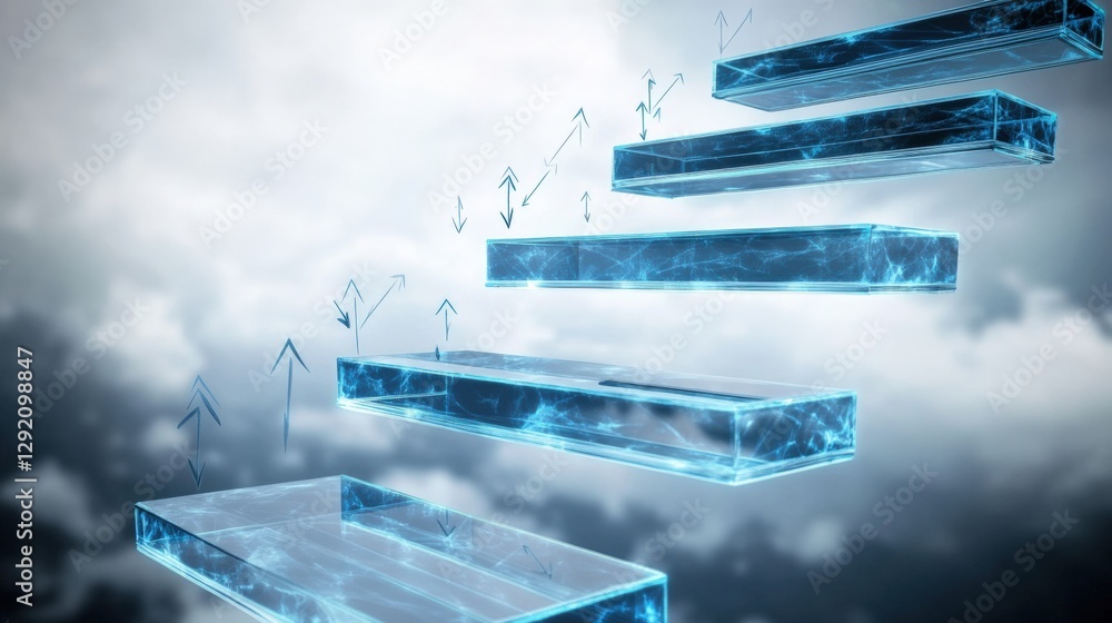Poster ascending digital steps visualization of progress abstract concept cloudy background futuristic pers