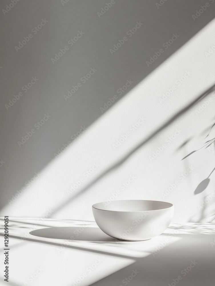 Poster White bowl on surface illuminated by soft sunlight with shadow patterns creating a serene atmosphere. Generative AI