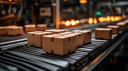 Boxes on conveyor belt in a busy warehouse, showcasing automated packaging process (1)
