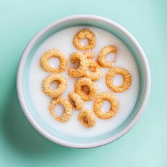 Bowl of Cereal with Milk on Blue Background