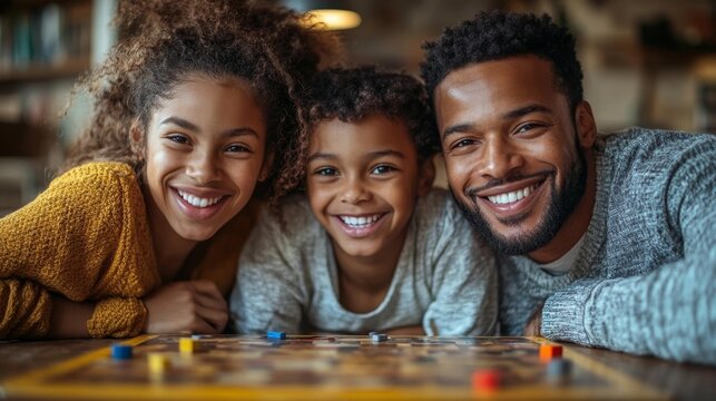 A Family Smiling and Playing a Fun Board Game Together Sharing Happy Moments. Generative AI