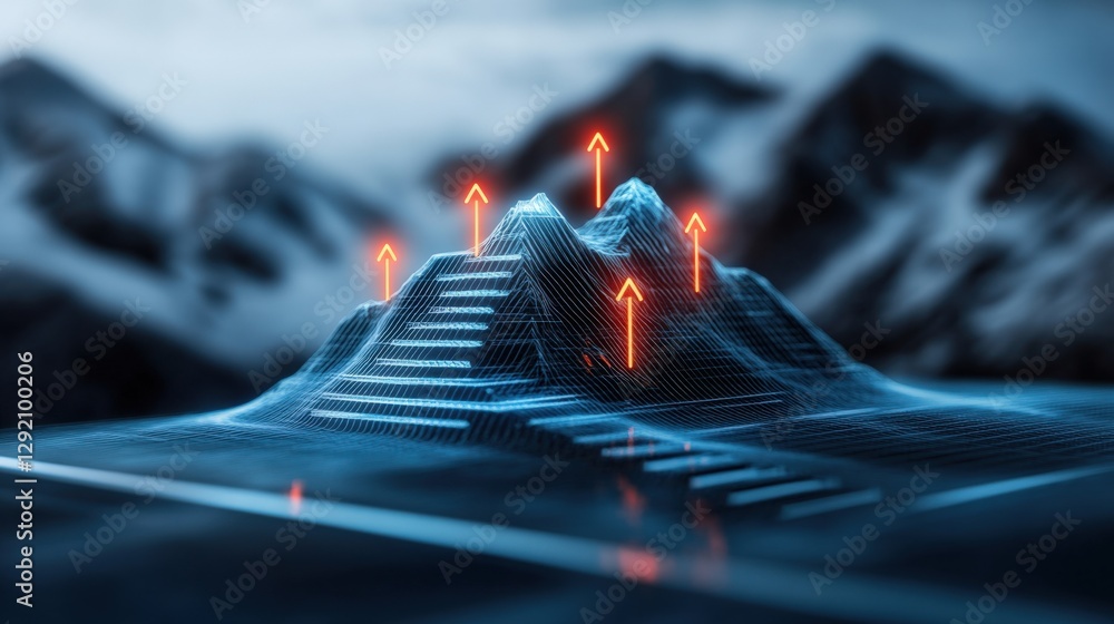Poster Digital mountain visualization with ascending arrows futuristic setting 3d render abstract landscape dynamic perspective