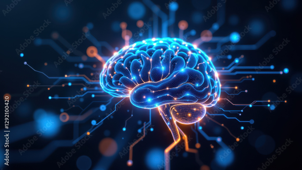 Poster artificial general intelligence represented by a brain with glowing blue circuitry.