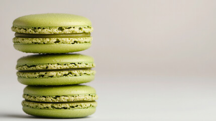 Delicious matcha macarons stacked artfully on a minimalist background showcasing vibrant green hues and intricate details