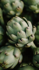 Fototapeta premium Fresh artichokes display vibrant colors and intricate patterns in a bustling market setting