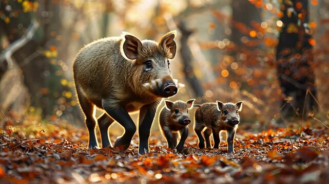 wild boar with children in the forest